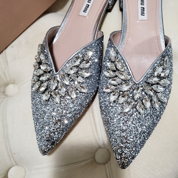 Miu Miu Calzature Donna Crystals Silver Glitter Pointed Mules Size 38 - Picture 2 of 9